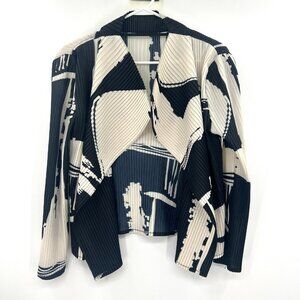 Kate Heweko Accordion Pleat Navy Cream Open Front Topper Cardigan Women's Medium